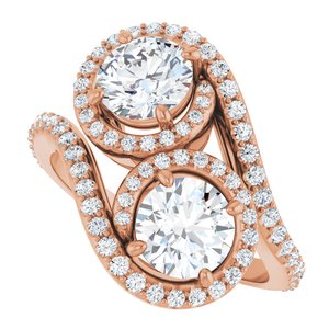 14K Rose Gold 6 mm Round Two-Stone Halo-Style Bypass Accented Engagement Ring. 123107:194:P