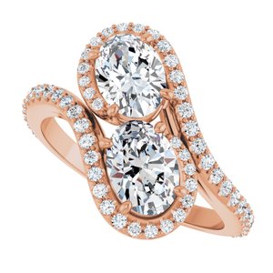14K Rose Gold 7x5 mm Oval Two-Stone Halo-Style Bypass Accented Engagement Ring. 123107:284:P