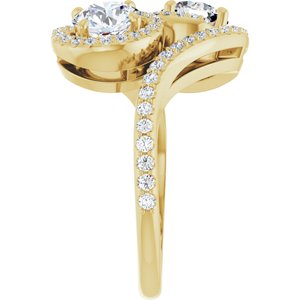 14K Yellow Gold 5.8 mm Round Two-Stone Halo-Style Bypass Accented Engagement Ring. 123107:181:P