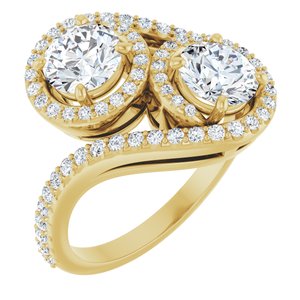 14K Yellow Gold 5.8 mm Round Two-Stone Halo-Style Bypass Accented Engagement Ring. 123107:181:P