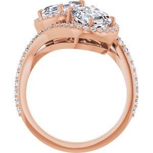 14K Rose Gold 6 mm Asscher Two-Stone Halo-Style Bypass Accented Engagement Ring. 123107:419:P