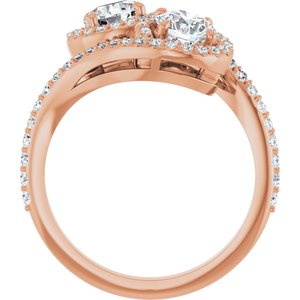 14K Rose Gold 5.2 mm Round Two-Stone Halo-Style Bypass Accented Engagement Ring. 123107:149:P