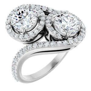 14K White Gold 6.5 mm Round Two-Stone Halo-Style Bypass Accented Engagement Ring. 123107:210:P