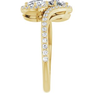 14K Yellow Gold 6x4 mm Oval Two-Stone Halo-Style Bypass Accented Engagement Ring. 123107:271:P