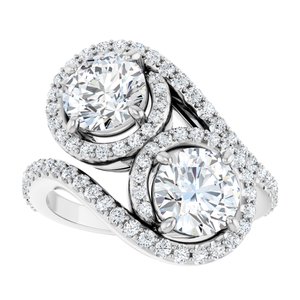 14K White Gold 6.5 mm Round Two-Stone Halo-Style Bypass Accented Engagement Ring. 123107:210:P