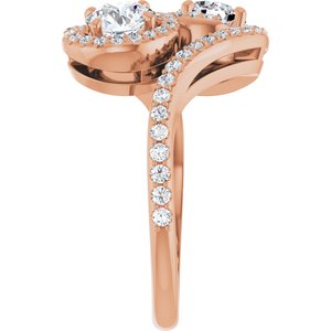 14K Rose Gold 5.2 mm Round Two-Stone Halo-Style Bypass Accented Engagement Ring. 123107:149:P