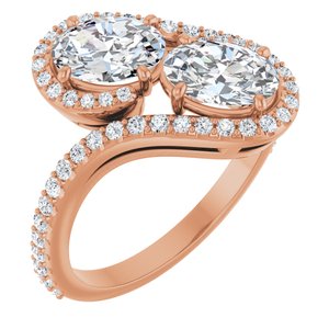14K Rose Gold 7x5 mm Oval Two-Stone Halo-Style Bypass Accented Engagement Ring. 123107:284:P
