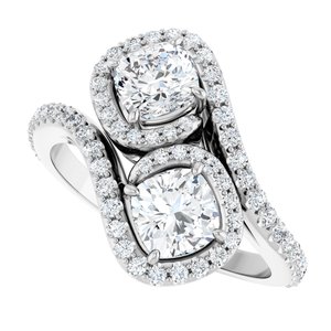 14K White Gold 5 mm Cushion Two-Stone Halo-Style Bypass Accented Engagement Ring. 123107:345:P