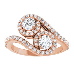 14K Rose Gold 4.1 mm Round Two-Stone Halo-Style Bypass Accented Engagement Ring. 123107:103:P