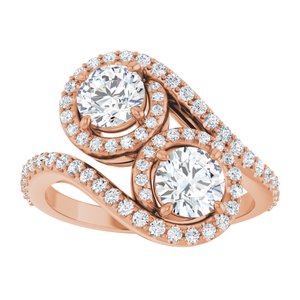 14K Rose Gold 5.2 mm Round Two-Stone Halo-Style Bypass Accented Engagement Ring. 123107:149:P