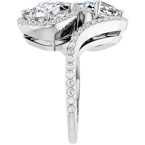 14K White Gold 7 mm Asscher Two-Stone Halo-Style Bypass Accented Engagement Ring. 123107:435:P