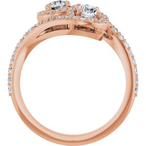 14K Rose Gold 4.1 mm Round Two-Stone Halo-Style Bypass Accented Engagement Ring. 123107:103:P
