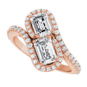 14K Rose Gold 6x4 mm Emerald Two-Stone Halo-Style Bypass Accented Engagement Ring. 123107:464:P