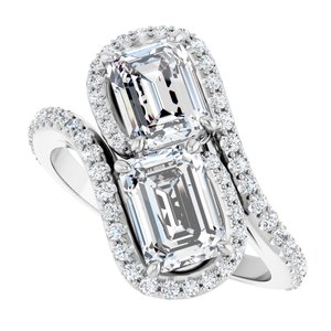 14K White Gold 7x5 mm Emerald Two-Stone Halo-Style Bypass Accented Engagement Ring. 123107:480:P