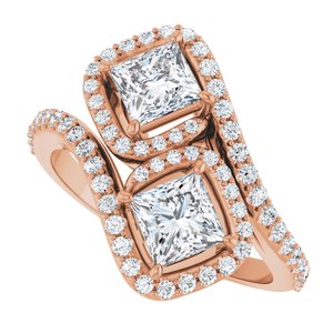 14K Rose Gold 4.5 mm Square Two-Stone Halo-Style Bypass Accented Engagement Ring. 123107:554:P