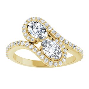 14K Yellow Gold 6x4 mm Oval Two-Stone Halo-Style Bypass Accented Engagement Ring. 123107:271:P