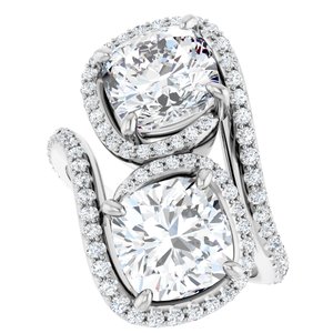 14K White Gold 8 mm Cushion Two-Stone Halo-Style Bypass Accented Engagement Ring. 123107:390:P