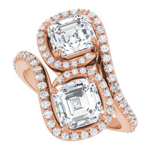 14K Rose Gold 6 mm Asscher Two-Stone Halo-Style Bypass Accented Engagement Ring. 123107:419:P