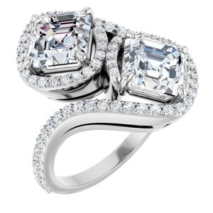 14K White Gold 7 mm Asscher Two-Stone Halo-Style Bypass Accented Engagement Ring. 123107:435:P