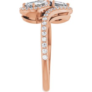 14K Rose Gold 6x4 mm Emerald Two-Stone Halo-Style Bypass Accented Engagement Ring. 123107:464:P