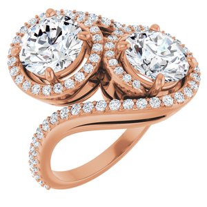 14K Rose Gold 7.4 mm Round Two-Stone Halo-Style Bypass Accented Engagement Ring. 123107:239:P