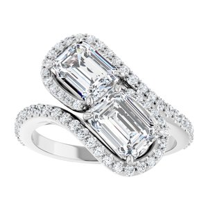 14K White Gold 7x5 mm Emerald Two-Stone Halo-Style Bypass Accented Engagement Ring. 123107:480:P