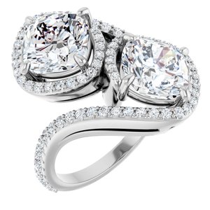 14K White Gold 8 mm Cushion Two-Stone Halo-Style Bypass Accented Engagement Ring. 123107:390:P
