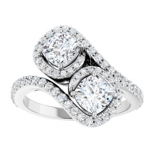 14K White Gold 5 mm Cushion Two-Stone Halo-Style Bypass Accented Engagement Ring. 123107:345:P