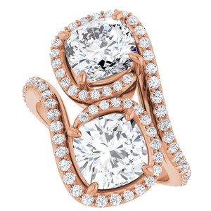 14K Rose Gold 7 mm Cushion Two-Stone Halo-Style Bypass Accented Engagement Ring. 123107:374:P