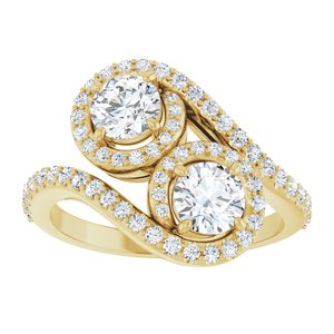 14K Yellow Gold 4.8 mm Round Two-Stone Halo-Style Bypass Accented Engagement Ring. 123107:136:P