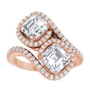 14K Rose Gold 6 mm Asscher Two-Stone Halo-Style Bypass Accented Engagement Ring. 123107:419:P