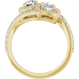 14K Yellow Gold 4.8 mm Round Two-Stone Halo-Style Bypass Accented Engagement Ring. 123107:136:P