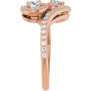 14K Rose Gold 4.1 mm Round Two-Stone Halo-Style Bypass Accented Engagement Ring. 123107:103:P