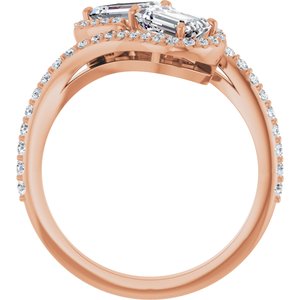14K Rose Gold 6x4 mm Emerald Two-Stone Halo-Style Bypass Accented Engagement Ring. 123107:464:P