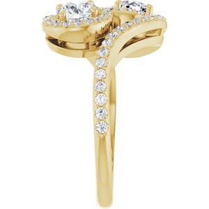 14K Yellow Gold 4.8 mm Round Two-Stone Halo-Style Bypass Accented Engagement Ring. 123107:136:P