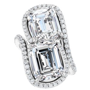 14K White Gold 10x8 mm Emerald Two-Stone Halo-Style Bypass Accented Engagement Ring. 123107:525:P