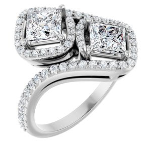 14K White Gold 5 mm Square Two-Stone Halo-Style Bypass Accented Engagement Ring. 123107:570:P
