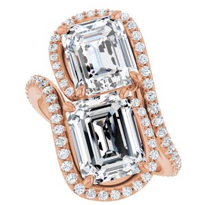14K Rose Gold 9x7 mm Emerald Two-Stone Halo-Style Bypass Accented Engagement Ring. 123107:509:P