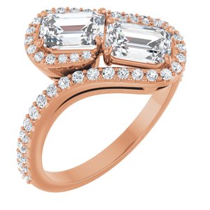 14K Rose Gold 6x4 mm Emerald Two-Stone Halo-Style Bypass Accented Engagement Ring. 123107:464:P