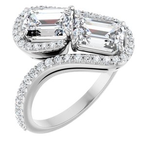 14K White Gold 7x5 mm Emerald Two-Stone Halo-Style Bypass Accented Engagement Ring. 123107:480:P