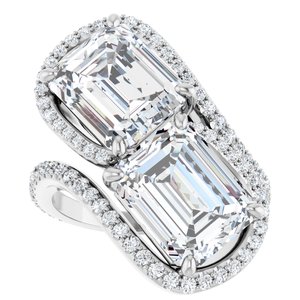 14K White Gold 10x8 mm Emerald Two-Stone Halo-Style Bypass Accented Engagement Ring. 123107:525:P