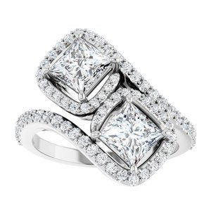 14K White Gold 5 mm Square Two-Stone Halo-Style Bypass Accented Engagement Ring. 123107:570:P