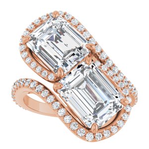 14K Rose Gold 9x7 mm Emerald Two-Stone Halo-Style Bypass Accented Engagement Ring. 123107:509:P