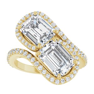 14K Yellow Gold 8x6 mm Emerald Two-Stone Halo-Style Bypass Accented Engagement Ring. 123107:496:P