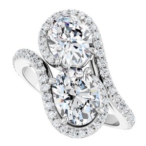 14K White Gold 8x6 mm Oval Two-Stone Halo-Style Bypass Accented Engagement Ring. 123107:300:P