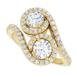 14K Yellow Gold 4.8 mm Round Two-Stone Halo-Style Bypass Accented Engagement Ring. 123107:136:P