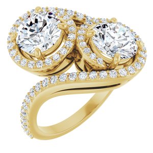 14K Yellow Gold 7 mm Round Two-Stone Halo-Style Bypass Accented Engagement Ring. 123107:226:P
