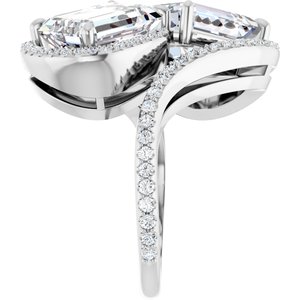 14K White Gold 10x8 mm Emerald Two-Stone Halo-Style Bypass Accented Engagement Ring. 123107:525:P