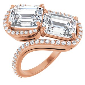 14K Rose Gold 9x7 mm Emerald Two-Stone Halo-Style Bypass Accented Engagement Ring. 123107:509:P