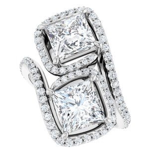 14K White Gold 6.5 mm Square Two-Stone Halo-Style Bypass Accented Engagement Ring. 123107:615:P